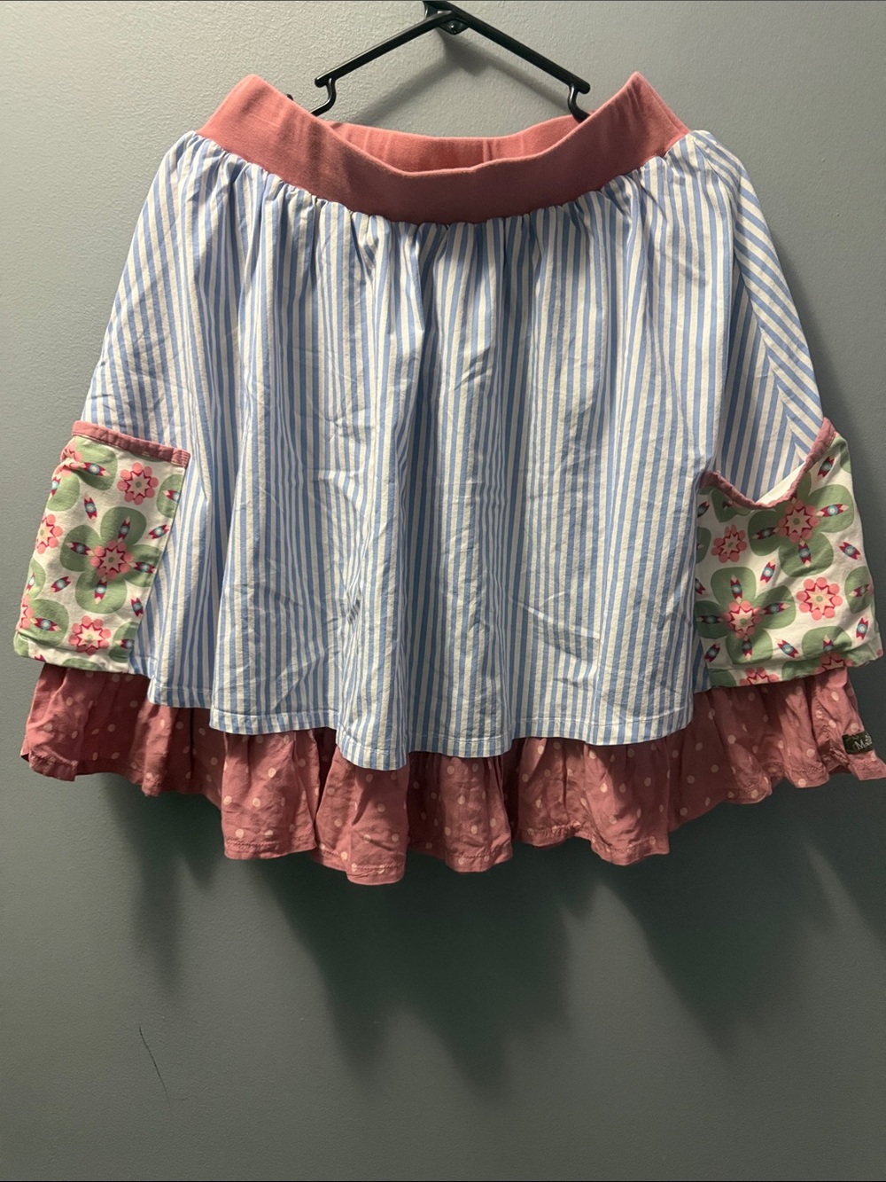 Women’s Multi-Pattern Tiered Skirt with Pink Ruffle Waistband